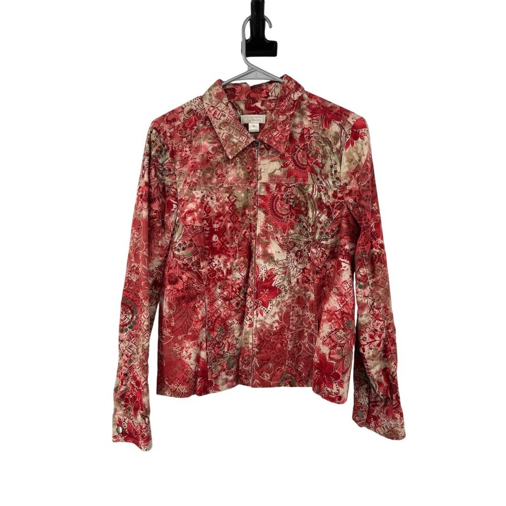 Christopher & Banks Jacket Womens M Red Multi Corduroy Zip Front Embroidered